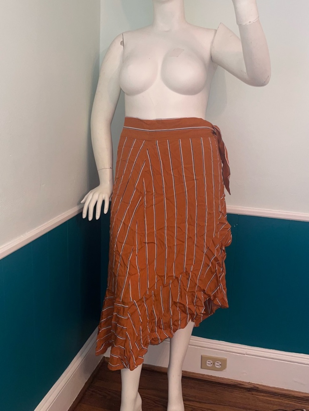 Rust Striped Ruffle Wrap Midi Skirt